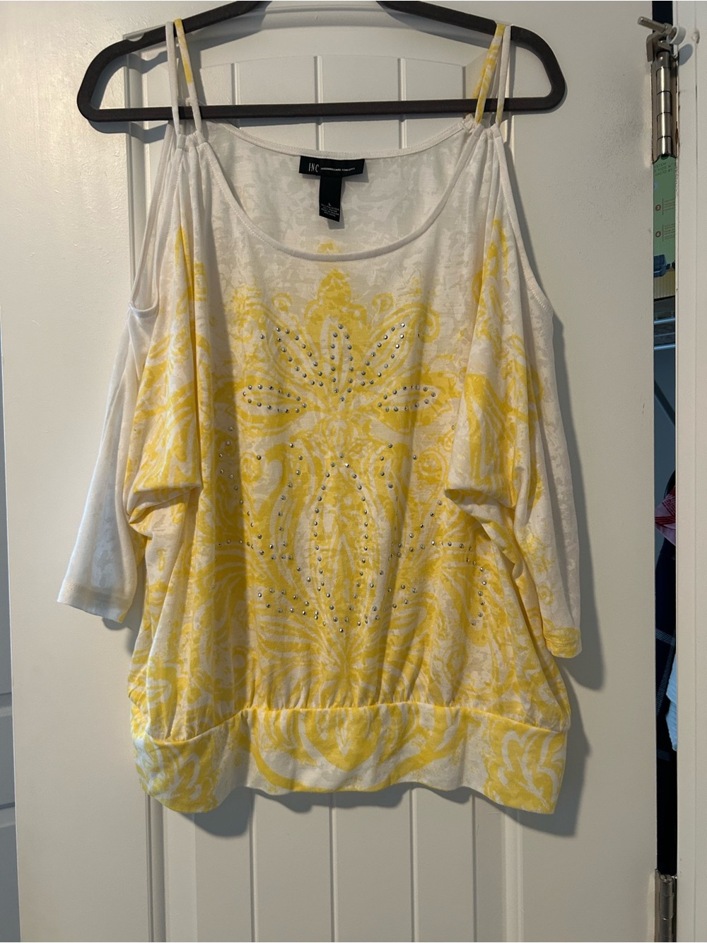INC International Concepts White and Yellow Cold-Shoulder Embellished Camisole